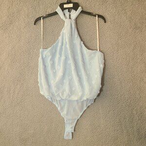 Poised Option Light Blue Clip Dot Halter Bodysuit. Open back/high neck Size S